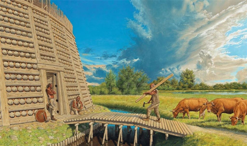 Rekonstruktion einer slawischen Rundburg des 9.-10. Jahrhunderts. Die offenen Dörfer der Einwanderergeneration wurden östlich der Elbe aufgrund des fränkisch-sächsischen Eroberungsdrucks ab dem 8. Jahrhundert zugunsten befestigter Anlagen aufgegeben.