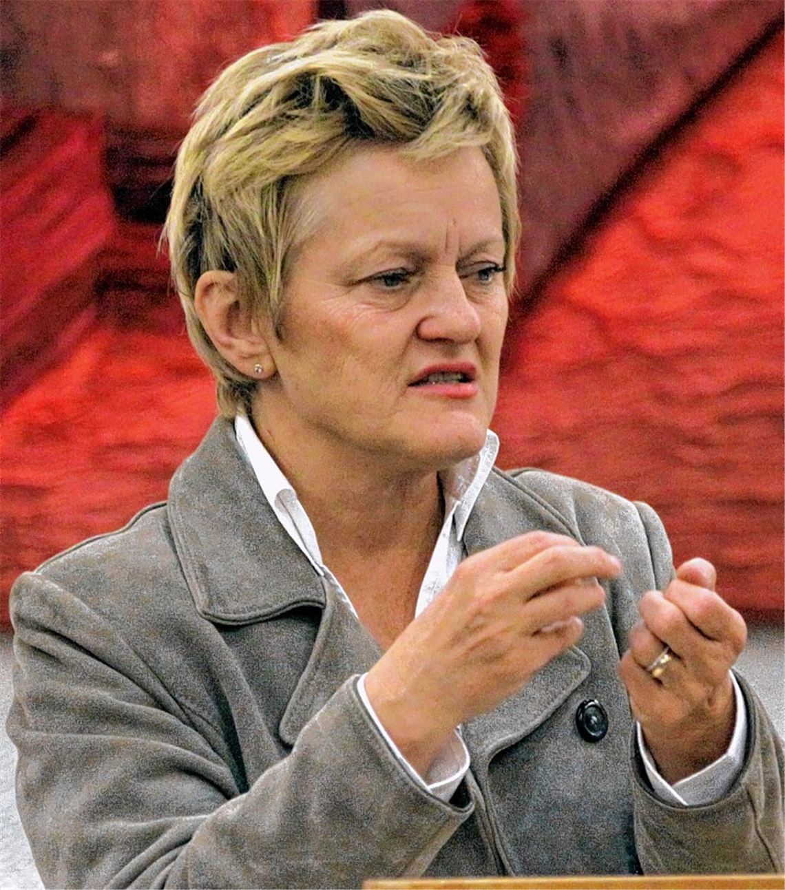 Renate Künast wirft bei ihrem Wahlkampfauftritt im kleinen Saal des Mühlehofs Kanzlerin Angela Merkel vor, die Menschen einzulullen, statt etwas zu bewegen. Foto: Hansen