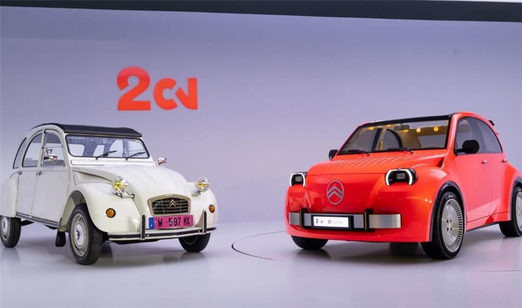 Retro fürs elektrische Zeitalter: Faltdach und Revolverschaltung erinnern bei Citroëns neuer 2CV-Studie (rechts) an die alte Ente (links).