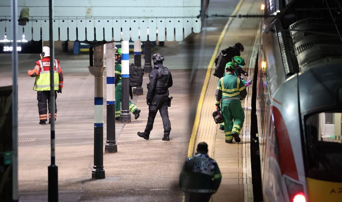 Rettungskräfte arbeiten auf dem Bahnsteig des Bahnhofs Huntingdon in England, nachdem mehrere Personen niedergestochen worden waren.