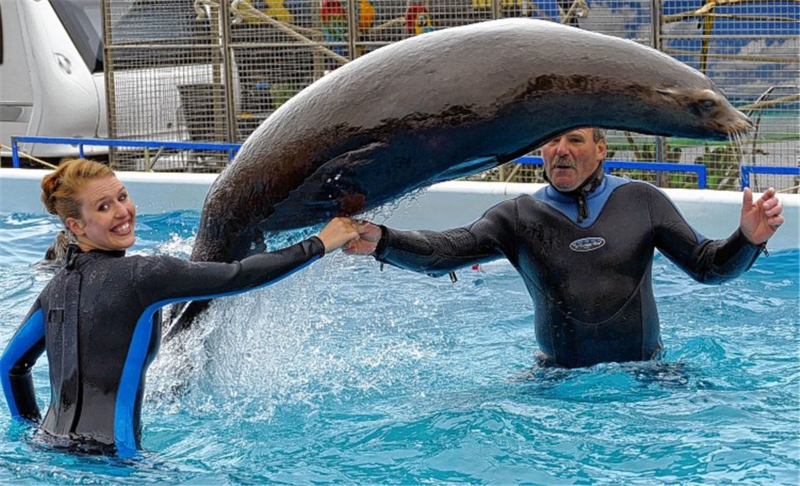 Riesenspaß: Franziska Pisch nutzt das Angebot des Zirkus Krone – und planscht, unterstützt von Dompteur Roland Duss, mit den Seelöwen.