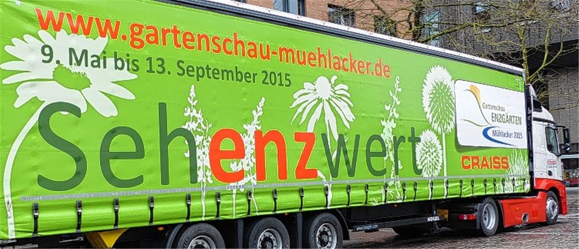 Rollender Werbeträger: Der 40-Tonner der Spedition Craiss lenkt ab sofort bei seinen Touren durch ganz Baden-Württemberg den Blick auf die Gartenschau.
