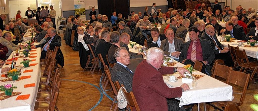 Rund 200 Besucher, darunter neben zahlreichen Landwirten auch Abgeordnete und Kommunalpolitiker, nehmen am Kreisbauerntag 2013 in Enzberg teil. 