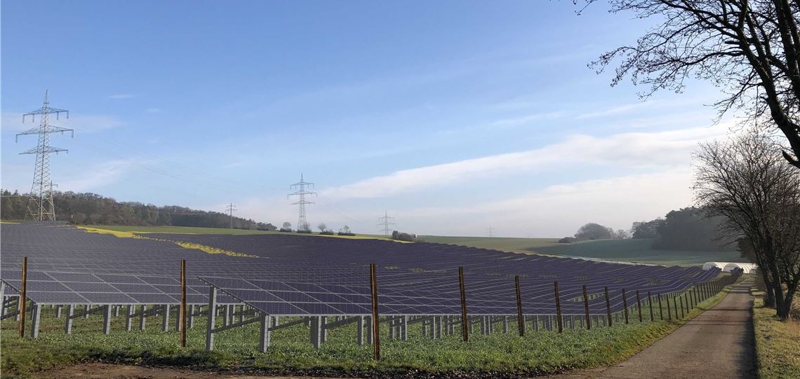 Rund 22500 Solarmodule, am höchsten Punkt je 2,50 Meter hoch, sollen auf diesem Hang nördlich von Iptingen, wie hier per Computer visualisiert, Sonne in Strom umwandeln und der Landwirtschaft dienen, denn unter der Anlage bleibt Platz für Tiere.Visualisierung: wpd