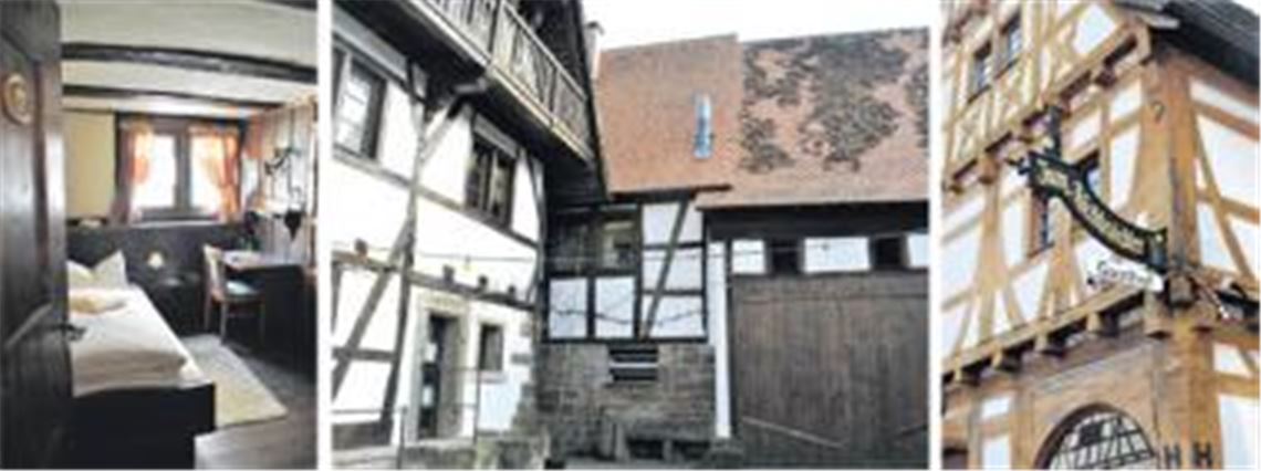 Rustikale Gemütlichkeit in historischem Ambiente: Das über die Region hinaus bekannte Lienzinger Hotel und Restaurant Zum Nachtwächter, das bislang 15 Übernachtungsgäste aufnehmen kann, möchte bis zum Herbst durch den Ausbau der angrenzenden Scheune (Mitte) weitere sieben Gästezimmer schaffen. Fotos: Stahlfeld