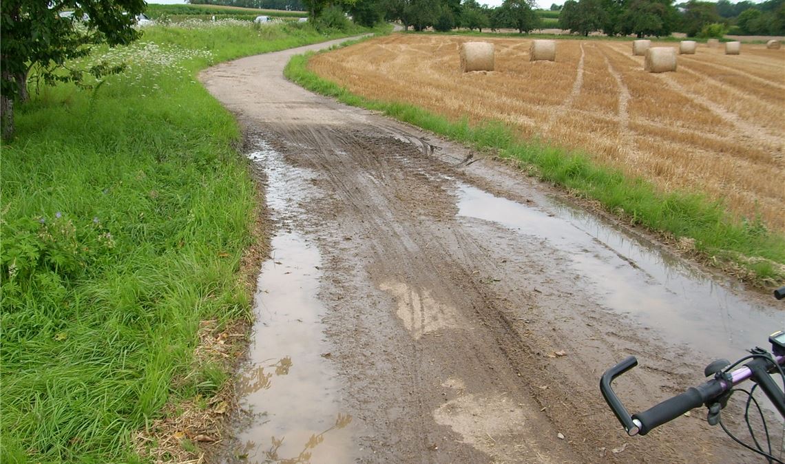 Rutschige Schlammpfütze auf dem Radweg von Illingen in Richtung Mühlacker.