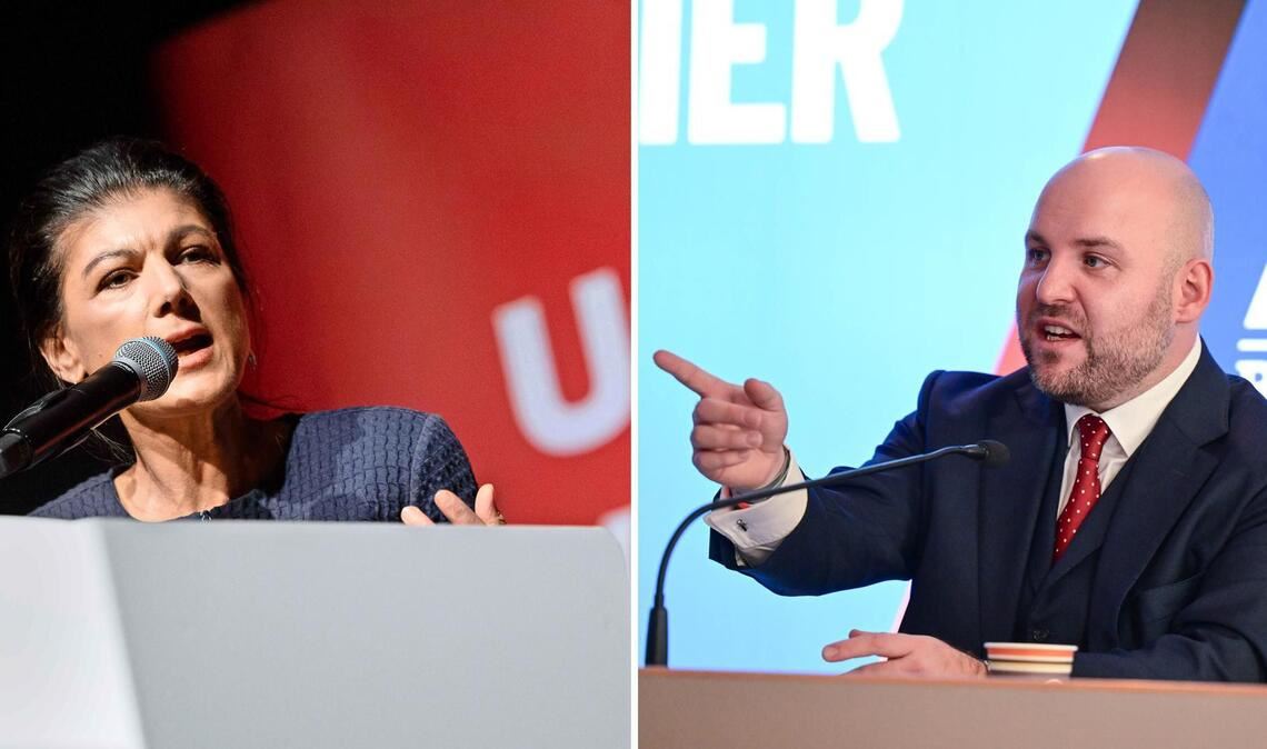 Sahra Wagenknecht (BSW) bei einem Wahlkampfauftritt in Stuttgart und der Spitzenkandidat der AfD, Markus Frohnmaier.