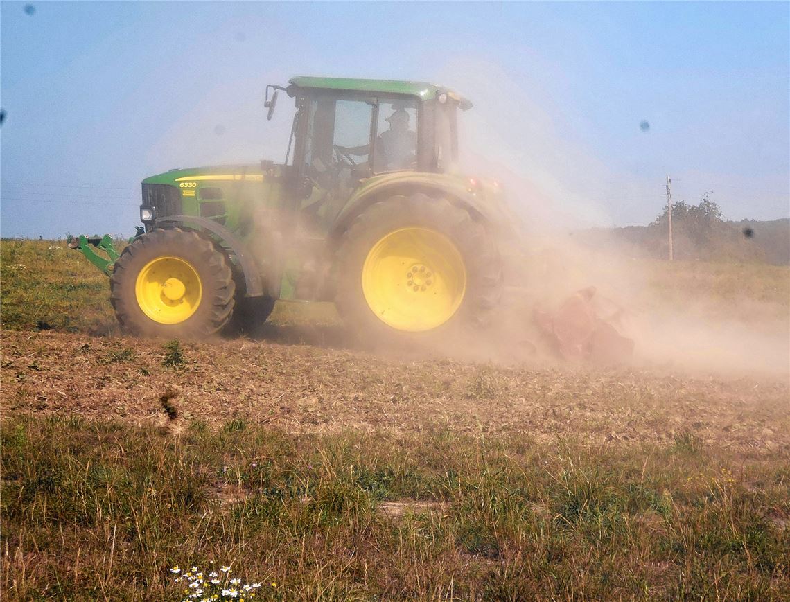Samt seinem Traktor in eine Staubwolke gehüllt ist Johannes Fellmann vom Panoramahof in Nußbaum. Zur Bodenlockerung seiner Erdbeerfelder hat er zwischen den Reihen gefräst. Dietrich