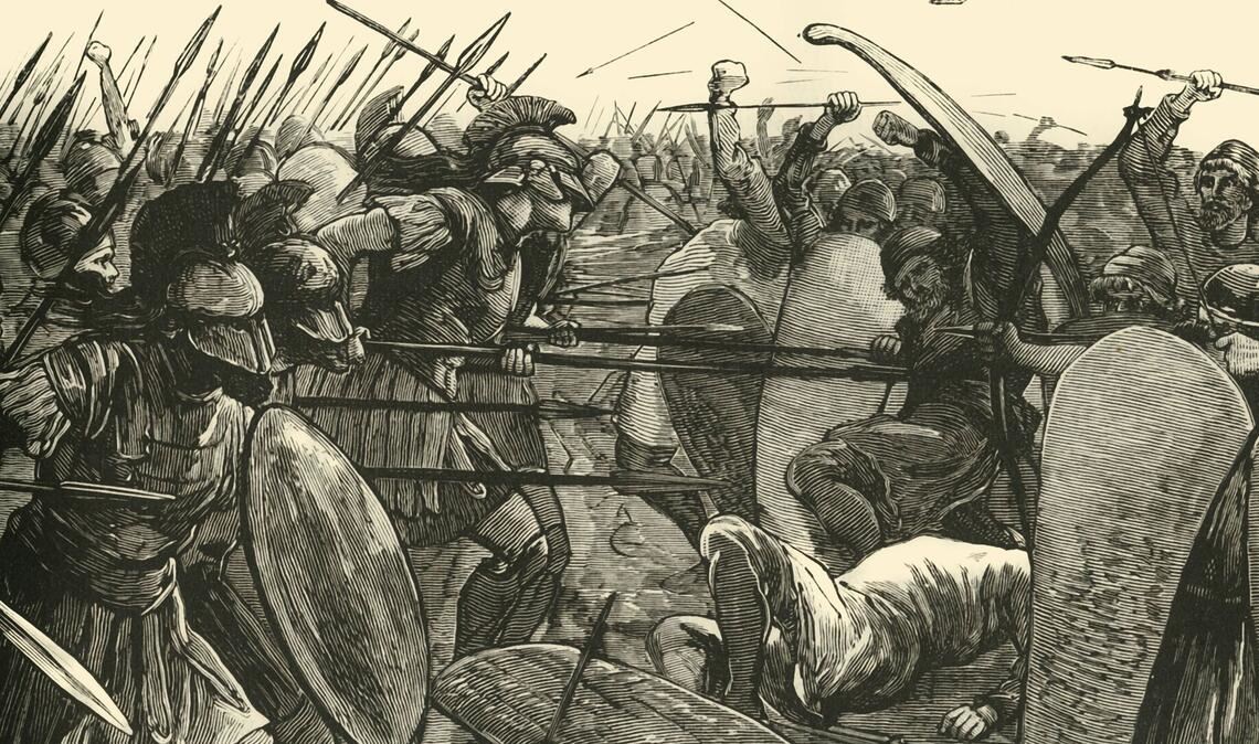 Schlacht bei Plataiai, 479 v. Chr.: Die griechische Phalanx siegt gegen die zahlreicheren, aber leichter bewaffneten Perser.