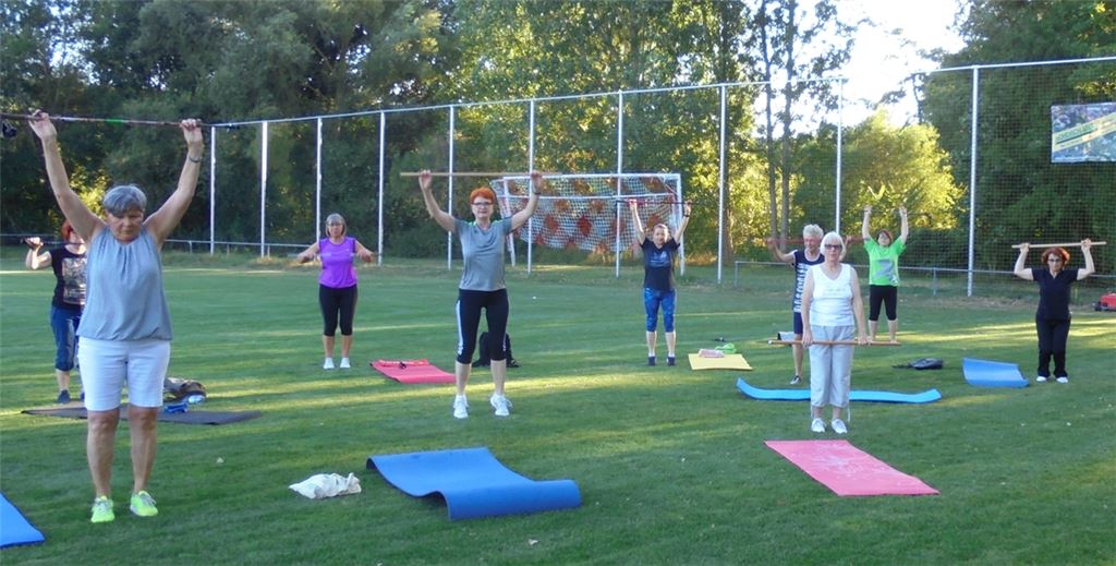 Schöne Erinnerungen an den Sommer: Die Wirbelsäulengruppe von Gym and Dance trainiert auf dem Platz der Sportfreunde Mühlacker.Foto: privat