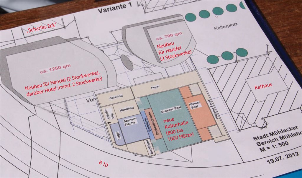Schon 2012, lange vor dem Abriss des Mühlehofs, legt der Stuttgarter Projektentwickler Rainer Vögele ein Konzept mit drei Gebäuden – Handel, Halle und Hotel – im Zentrum vor.