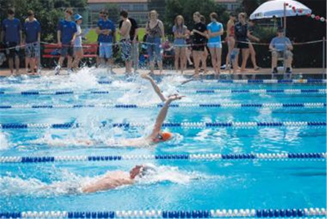Schwerstarbeit im kühlen Nass und am heißen Beckenrand: Sportler und Zeitmesser zeigen unter freiem Himmel im Mühlacker Freibad gleichermaßen starke Leistungen. Foto: Reuter