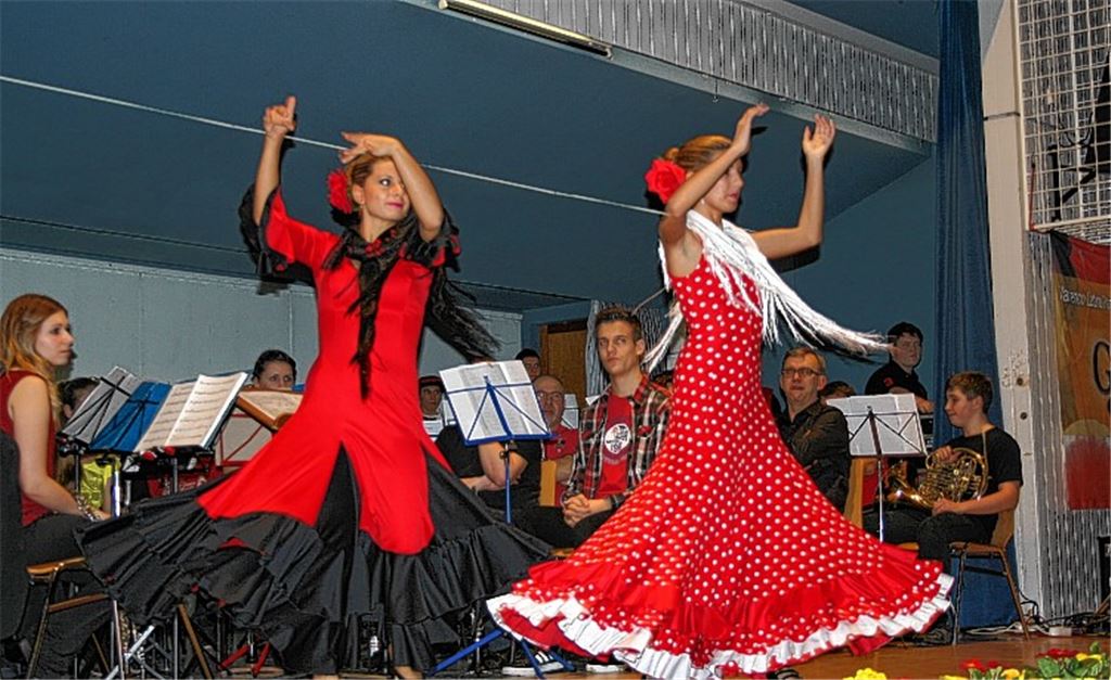 Schwungvoller Flamenco und Auszeichnungen für langjährige Mitstreiter: Joachim Neuhaus (v.li.), Uwe Hirsch, Bürgermeister Norbert Holme, Manfred Freyburger, Hugo Decker, Albert Großmann, Horst Weihing, Fritz Albrecht, Holger Arnold, Dorothea Rehberg, Pia Eigner und Andreas Gröner.