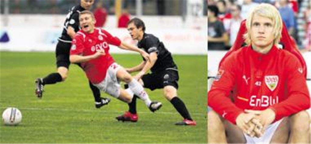 Sebastian Fischer (linkes Bild, re.) hat sich nach einem Jahr in Sandhausen einen Stammplatz erkämpft. Marco Pischorn (re.) hat für sich beim VfB Stuttgart angesichts starker Konkurrenz in der Innenverteidigung keine Chance auf weitere Bundesliga-Einsätze gesehen. Nun sind der Mühlhausener und der Sersheimer beim SV Sandhausen Freunde geworden. Fotos: Roskaritz, GES