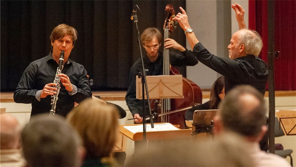 Sebastian Manz (li.) spielt im Uhlandbau gemeinsam mit einer Formation der Süddeutschen Kammersinfonie Bietigheim unter der Leitung von Peter Wallinger. Foto: Fotomoment