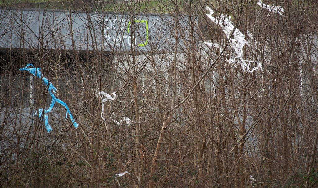 Seit etlichen Wochen hängen Müllfetzen in Büschen beim Bahnhof Maulbronn-West, die vom Entsorgungsbetrieb PreZero stammen. Foto: Disselhoff