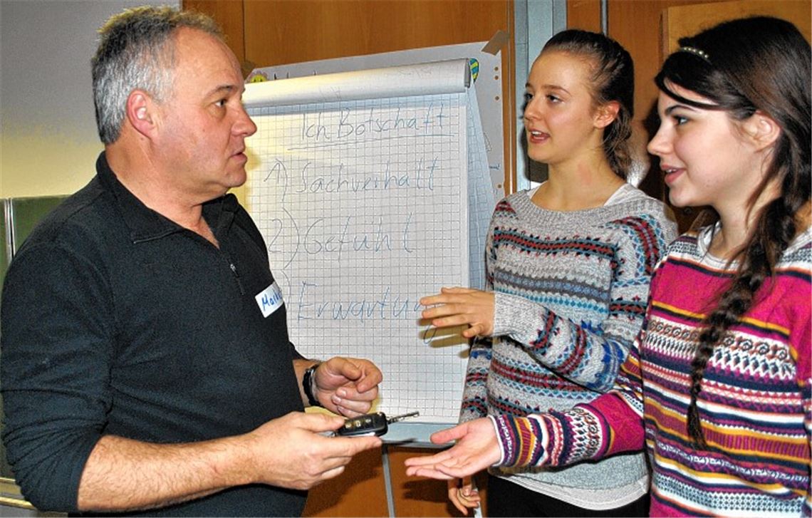 Selbstbewusst auftreten: Markus Regelmann übt mit Marina Müller (Mitte) und Friederike Wetzel, wie man einen Freund vor einer Dummheit bewahrt.Foto: Stahlfeld