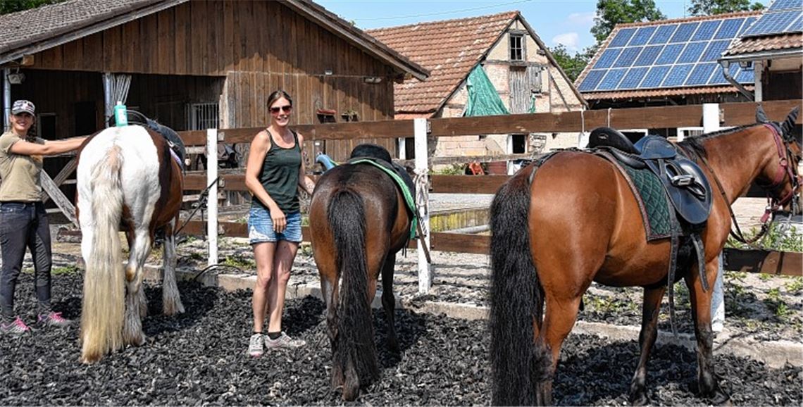 Shirley Funke (li.) und Katharina Mühleder vom „Team Seidehof“ müssen die Pferde auch in der Corona-Krise pflegen.Foto: Klassen