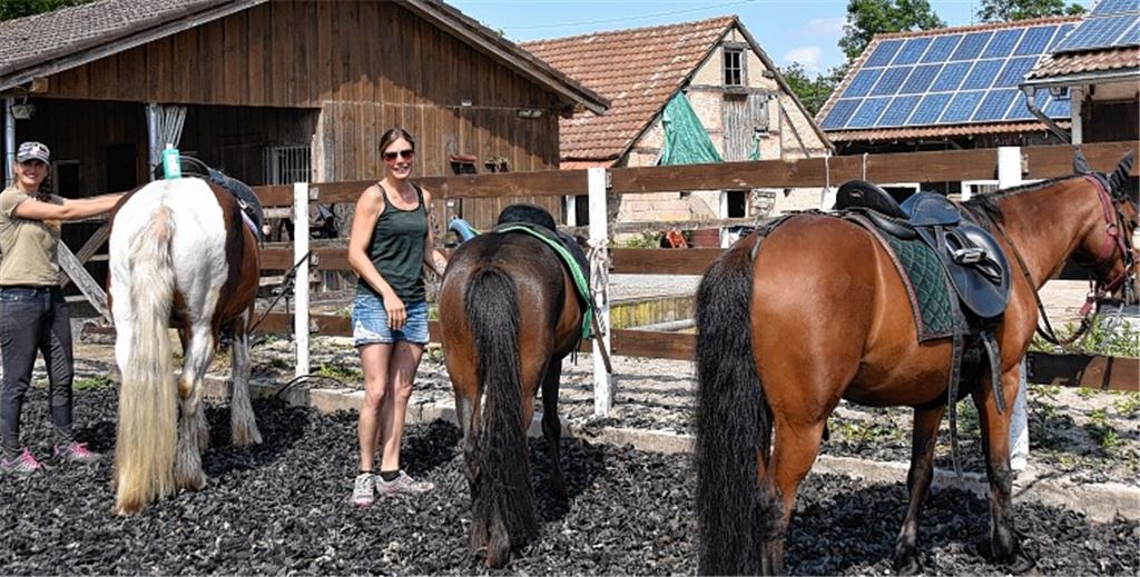 Shirley Funke (li.) und Katharina Mühleder vom „Team Seidehof“ müssen die Pferde auch in der Corona-Krise pflegen.Foto: Klassen