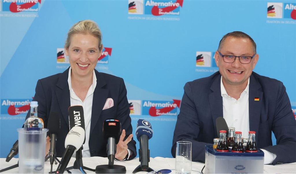 Sie haben gut Grinsen: die Parteivorsitzenden Alice Weidel und Tino Chrupalla.