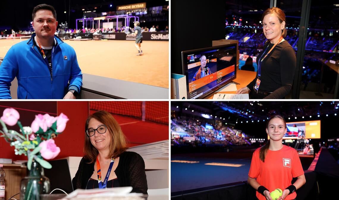 Sie sind die Helfer im Hintergrund beim Porsche Tennis Grand Prix (im Uhrzeigersinn): Tim Bücking, Marcia Andorka, Liv Biegert und Evelina Oehme.
