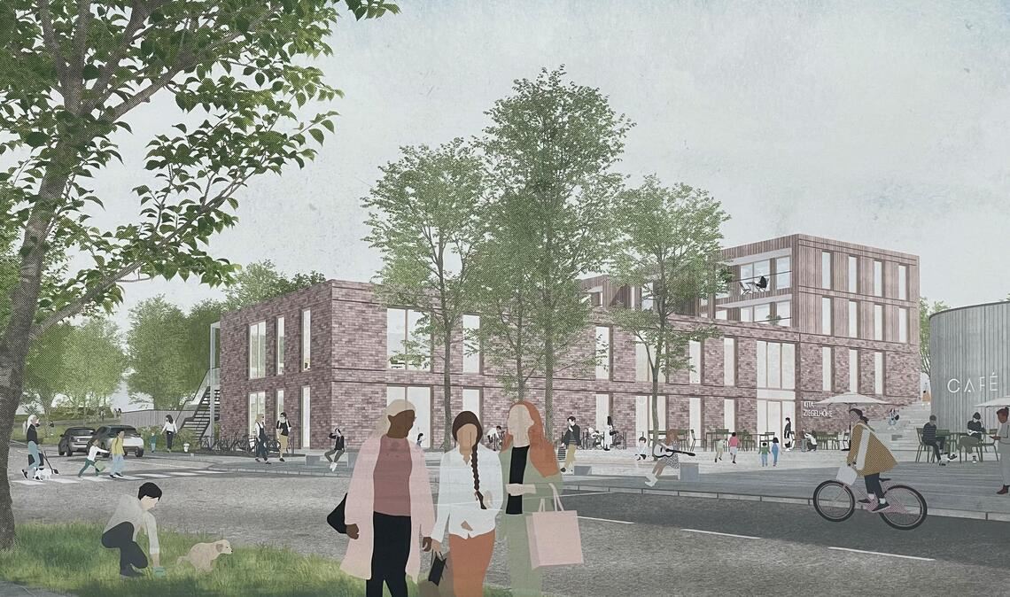 Siegerentwurf: So könnte in der „Ziegelhöhe“ das Gebäude der neuen Kita mit Wohnungen darüber aussehen. Grafik: Freivogel Mayer Architekten