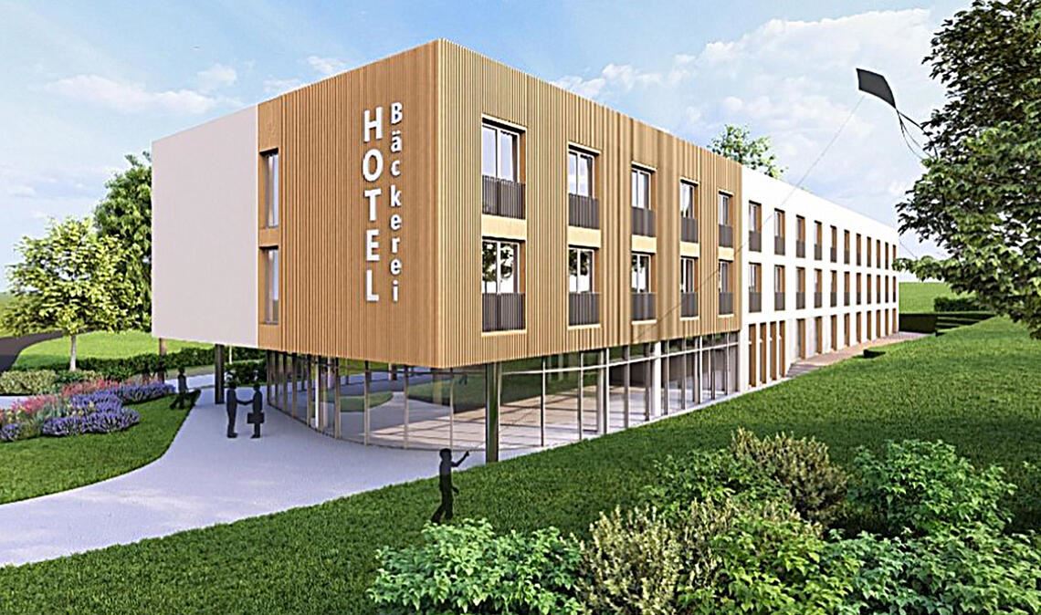 So könnte das Hotel mit 75 Plätzen aussehen. Es soll die „Erlebniswelt Markstein“ ergänzen, die ein Investor zwischen Vaihingen und Kleinglattbach plant.Animation: Marggraf-Architektur