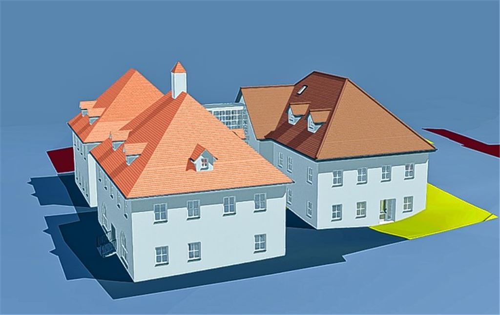 So könnte der Wiernsheimer Rathaus-Komplex eines Tages aussehen: An das bestehende Rathaus wird über einen verglasten Fußgängersteg der Anbau angeschlossen.