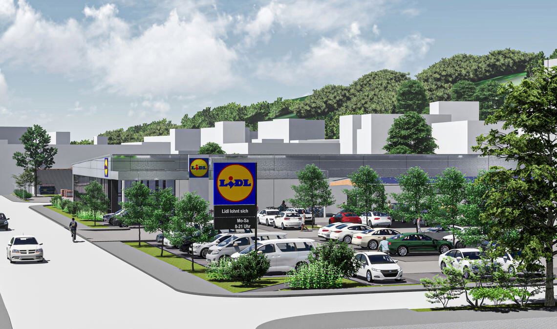 So könnte der geplante Neubau von Lidl auf dem Toom-Gelände an der Mühlacker Industriestraße aussehen. Grafik: privat, Foto: Stahlfeld
