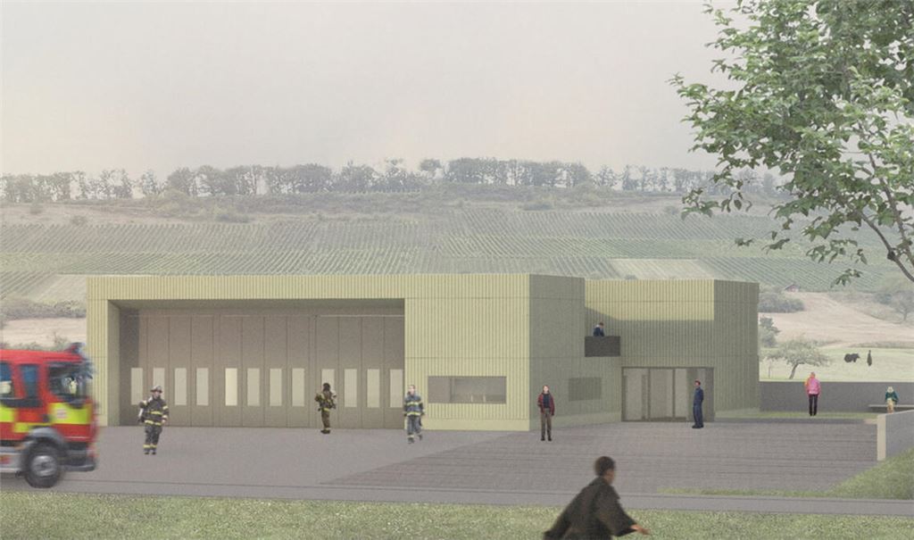 So könnte sich nach Vorstellung der Architekten das neue Schützinger Gerätehaus in die Umgebung einfügen. Visualisierung: privat