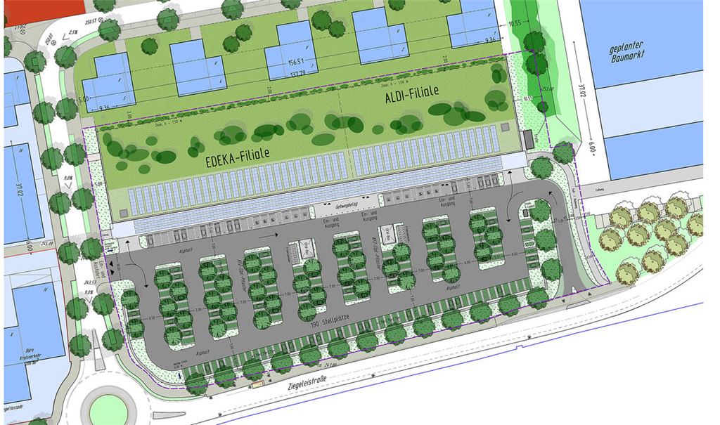 So soll das Ganze aussehen: Aldi und Edeka, jeweils vergrößert, Seite an Seite unter einem Dach im Gebiet „Ziegelhöhe“. Doch nun hat sich der bisherige Investor für das Projekt zurückgezogen. Grafik: Archiv