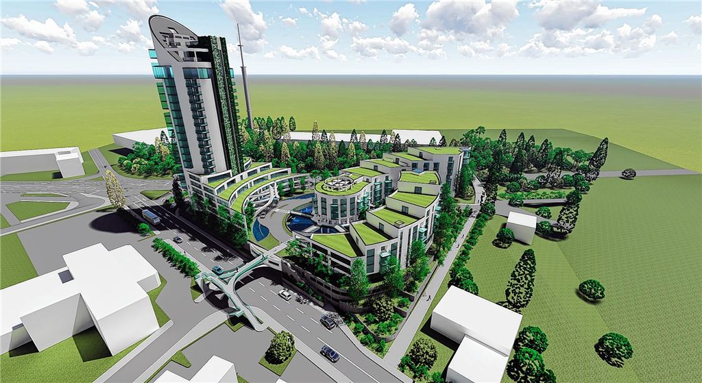 So soll das neue Quartier an der B35-Kreuzung in Bretten aussehen – mit 160 Wohneinheiten, Kongresszentrum und Panorama-Restaurant auf einem 80 Meter hohen Hochhaus.Animation: BVA/Toth