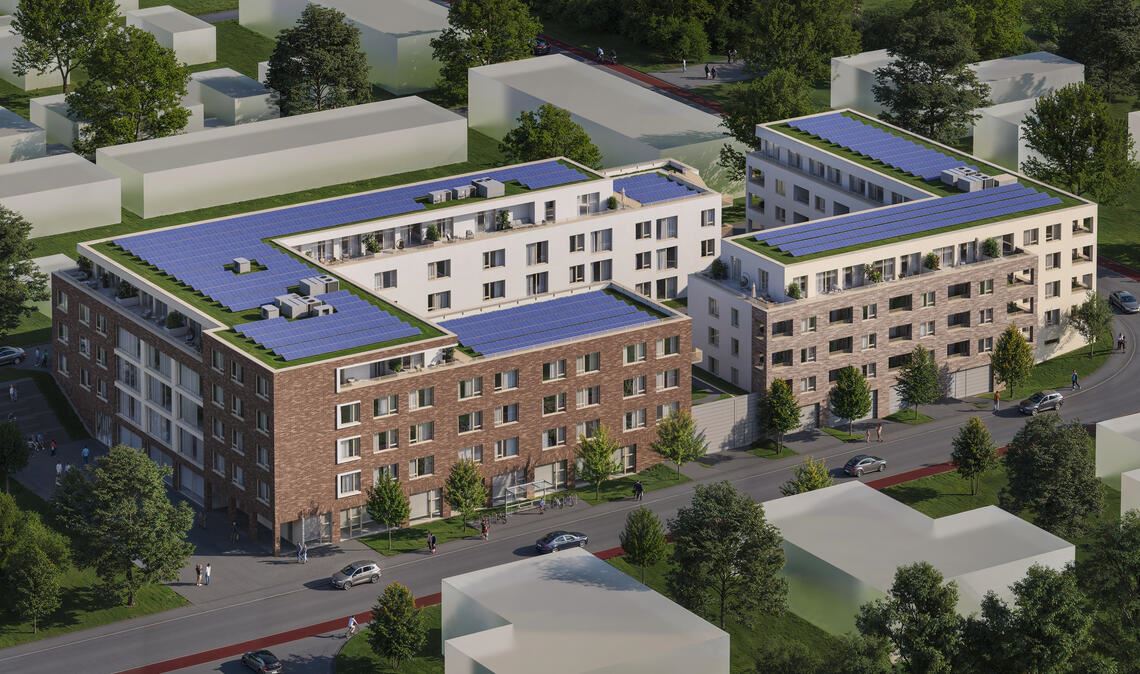 So soll das neue Seniorenzentrum St. Franziskus auf der Ziegelhöhe einmal aussehen – links daneben wird der Quartiersplatz entstehen, an den ein Kindergarten anschließt. Grafik: privat