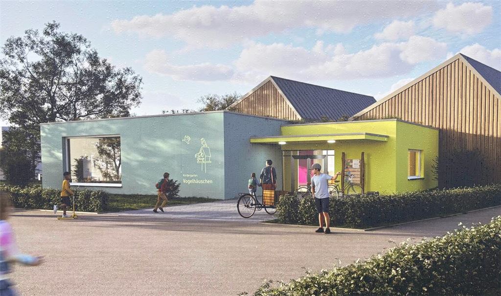So soll der Kindergarten „Vogelhäuschen“ einmal aussehen. Grafik: Beuchle Hainle Architekten