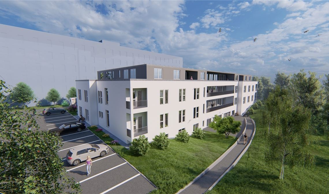So soll der Neubau für die Übergangspflege, der sich an die Enzkreis-Kliniken anschmiegt, aussehen. Veranschlagt ist der Komplex auf 7,6 Millionen Euro, wobei das Land 1,5 Millionen beisteuert. Die kurzen Wege zwischen stationärer Behandlung und Nachsorge führen zu weiteren Synergieeffekten, indem beispielsweise die Krankenhaus-Küche das Essen liefert.Grafik: Sozialwerk Bethesda/Wohn-art Architekten