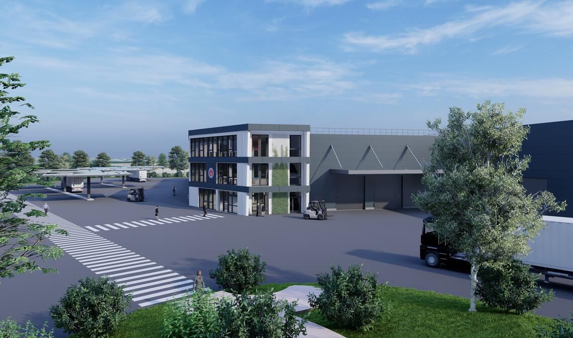 Ensinger investiert in Logistik- und Verwaltungszentrum So soll die Erweiterung der Ensinger Mineral-Heilquellen-GmbH aussehen. Animation: Goldbeck