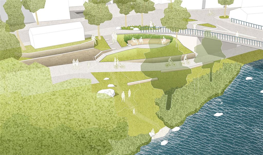 So soll ein Teil des neu zu gestaltenden Enzufers in Lomersheim nach den Vorstellungen des Büros „Helleckes Landschaftsarchitektur“ einmal aussehen. Grafik: Helleckes