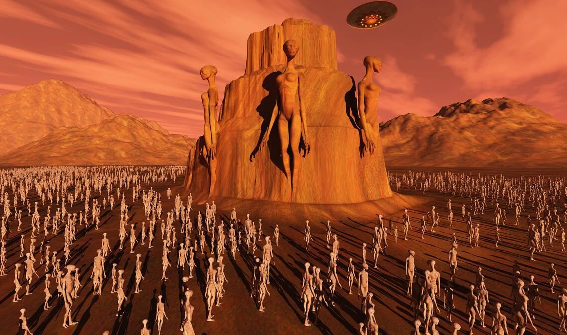 So stellen sich Space Artists den Mars Mars vor: Mars-Bewohner huldigen ihren Gründervätern.