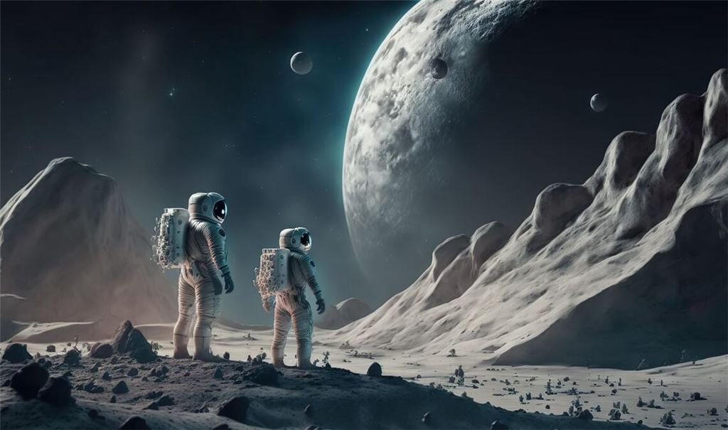 So stellt sich ein Space-Artist einen Spaziergang von Astronauten auf dem Mond vor.