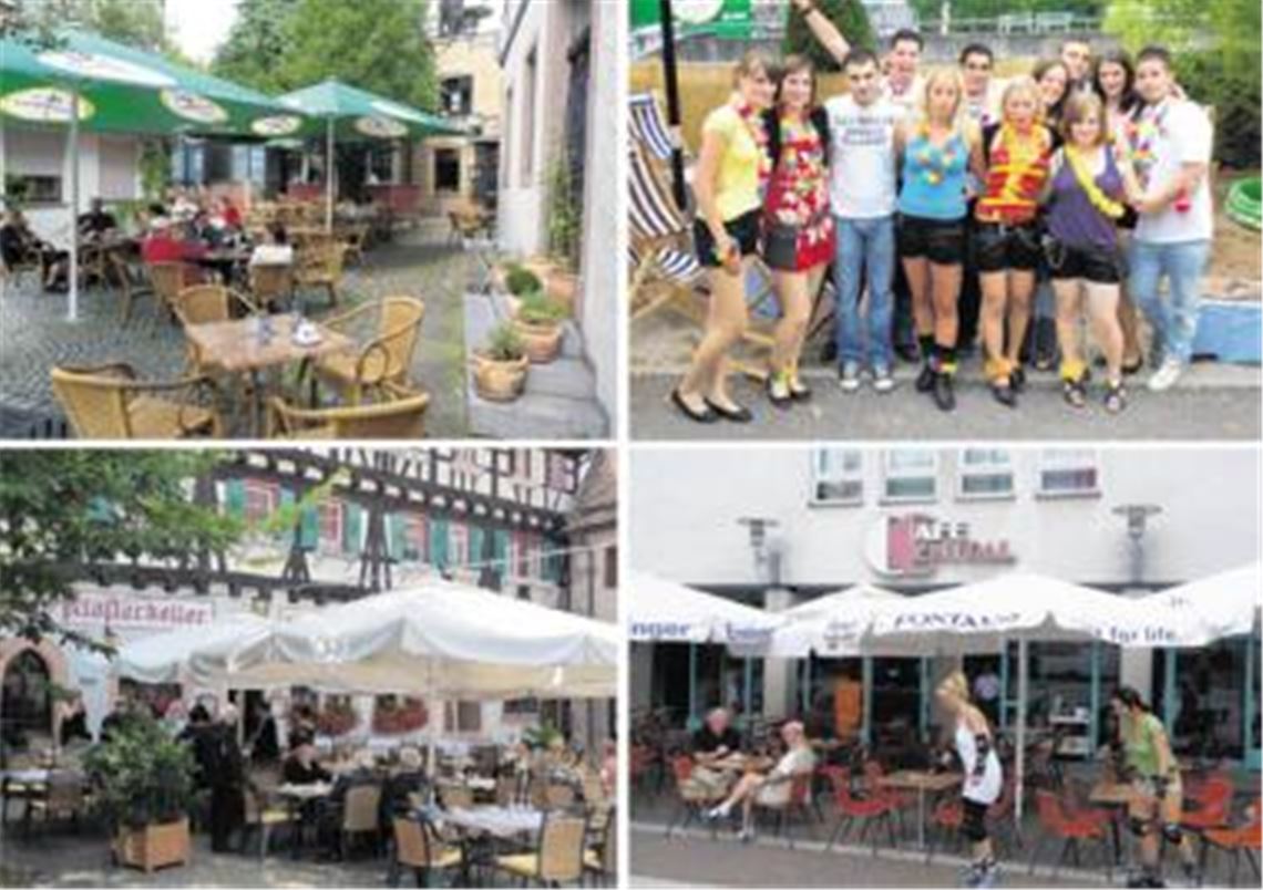 Sommer-Flair in der Gastronomie  nur der Sommer fehlt (Bilder im Uhrzeigersinn von li. oben): In der Kloinen Kelter lockt ein uriger Biergarten im Herzen der Stadt, während das Averna-Team dem mäßigen Wetter zum Trotz zur Beach-Party bittet. Das Eiscafé Central lebt von der Laufkundschaft und der Lage am Enztalradweg, und im Klosterhof wird gerne Hochzeit gefeiert. Fotos: Roth