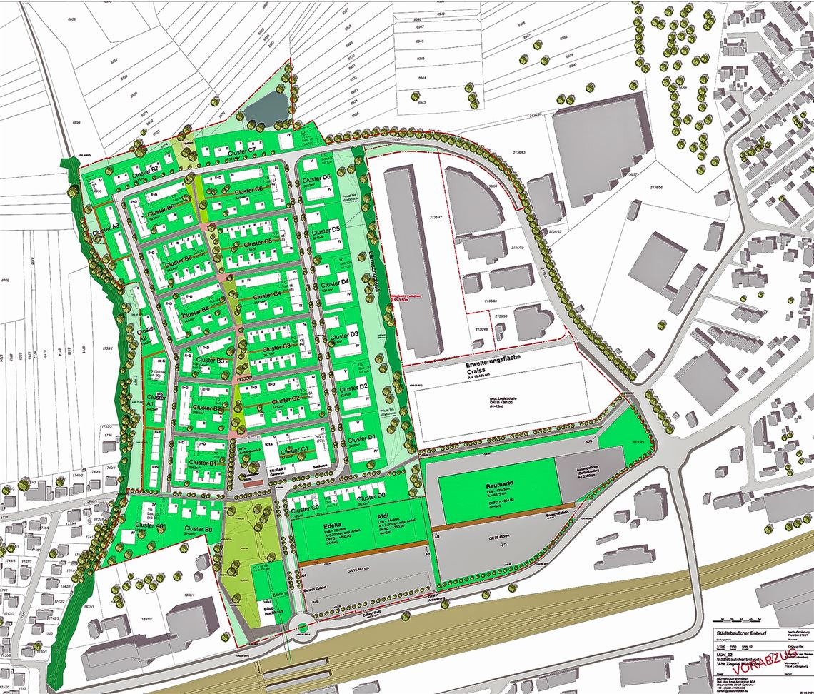 Städtebaulicher Entwurf zur Neugestaltung des ehemaligen Ziegeleigeländes. Darstellung: Stadtverwaltung Mühlacker