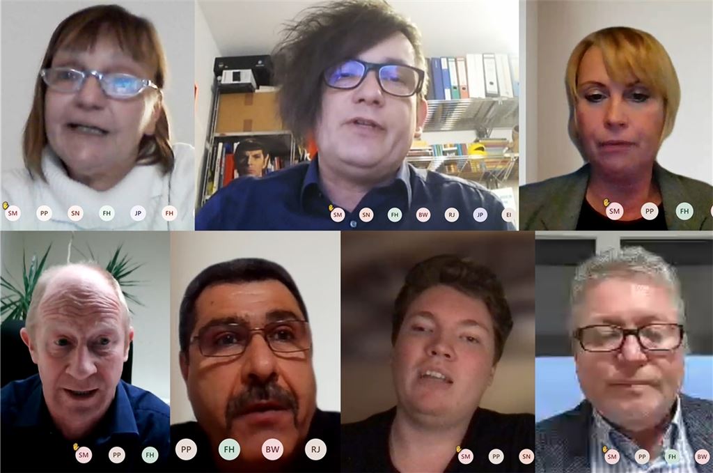 Statt eines Neujahrsempfangs haben Vertreter der DGB zu einem virtuellen Pressegespräch geladen, an dem Beate Wiegand, Peter Pfeiffelmann und Susanne Nittel (oben, v. li.), sowie Rüdiger Jungkind, Emin Ince, Felix Herkens und Franz Herkens (unten, v. li.) teilnehmen.Friedrich