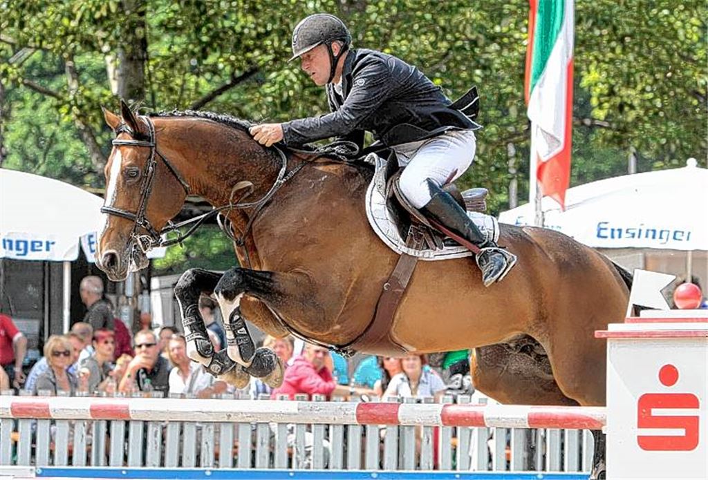 Stattliche Hindernisse warten auf die Reiter beim Goldstadt Cup. Im Bild der Franzose Roger-Yves Bost auf Nippon d’Elle, der im vergangenen Jahr gleich drei Springprüfungen gewann, darunter den Preis der Schmuckwelten Pforzheim. Foto: Keller