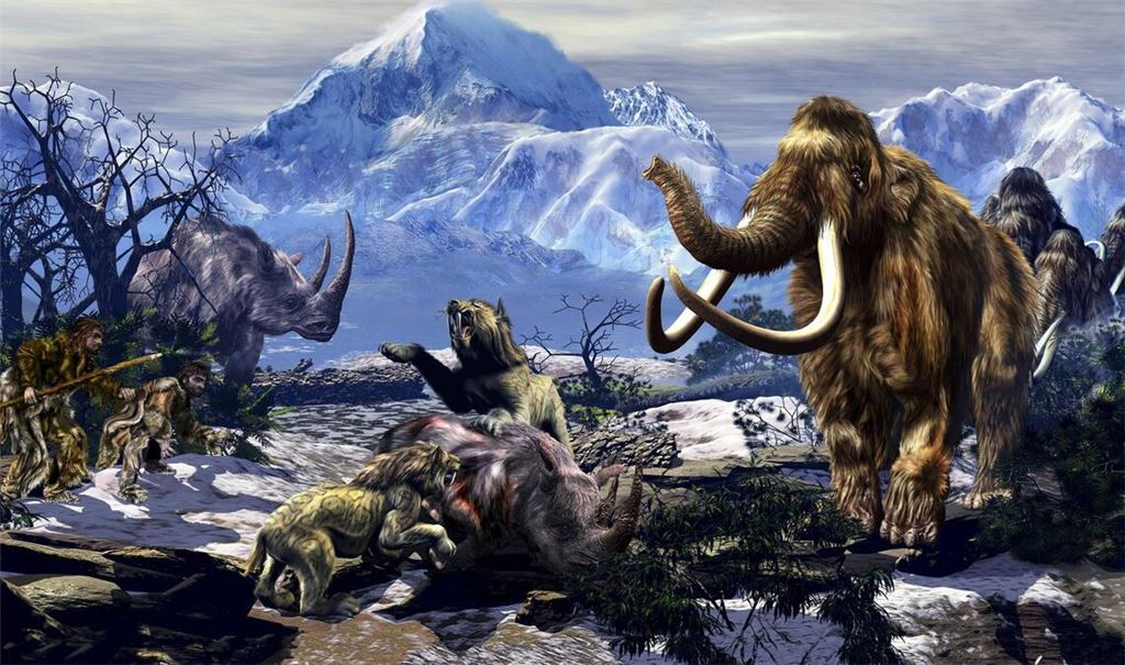 Steinzeitliche Diorama: Zwei Neandertaler mit Höhlenlöwen, Wollnasshorn und Mammuts.