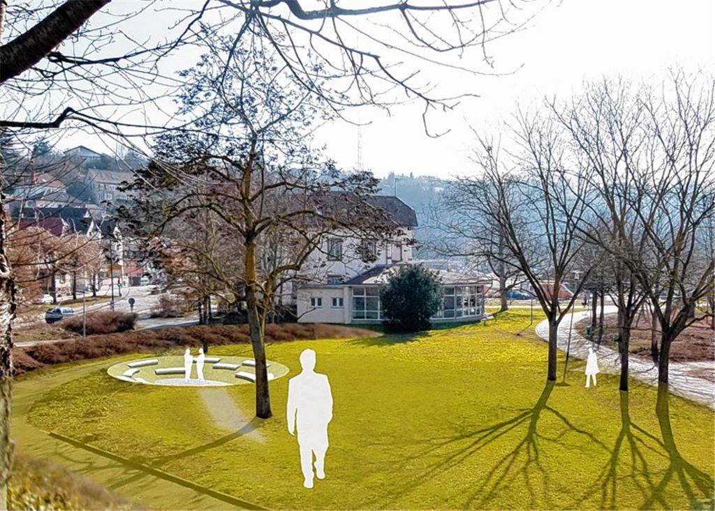 Studie: Das „grüne Bürgerforum“ beziehungsweise „grüne Klassenzimmer“ mit seinen 40 Sitzplätzen soll sich als Veranstaltungsplattform harmonisch in die Umgebung einfügen.Visualisierung: privat