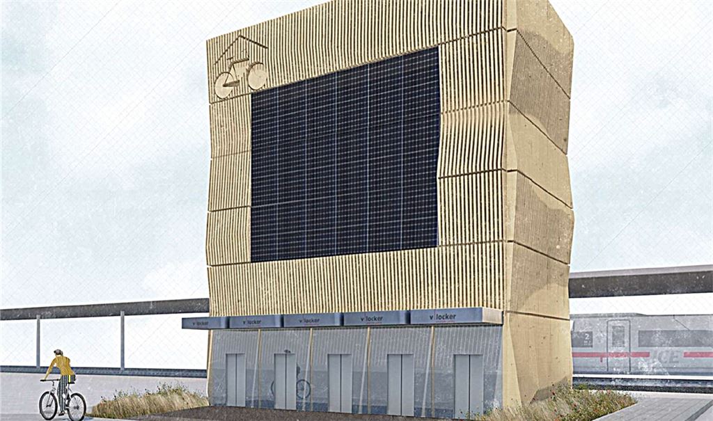 Studie und Lageplan (Grafik unten): Neben dem Bahnsteig 1 des Mühlacker Bahnhofs soll im kommenden Jahr ein Parkhaus als Unterstellmöglichkeit für 120 Fahrräder entstehen. Grafiken: privat