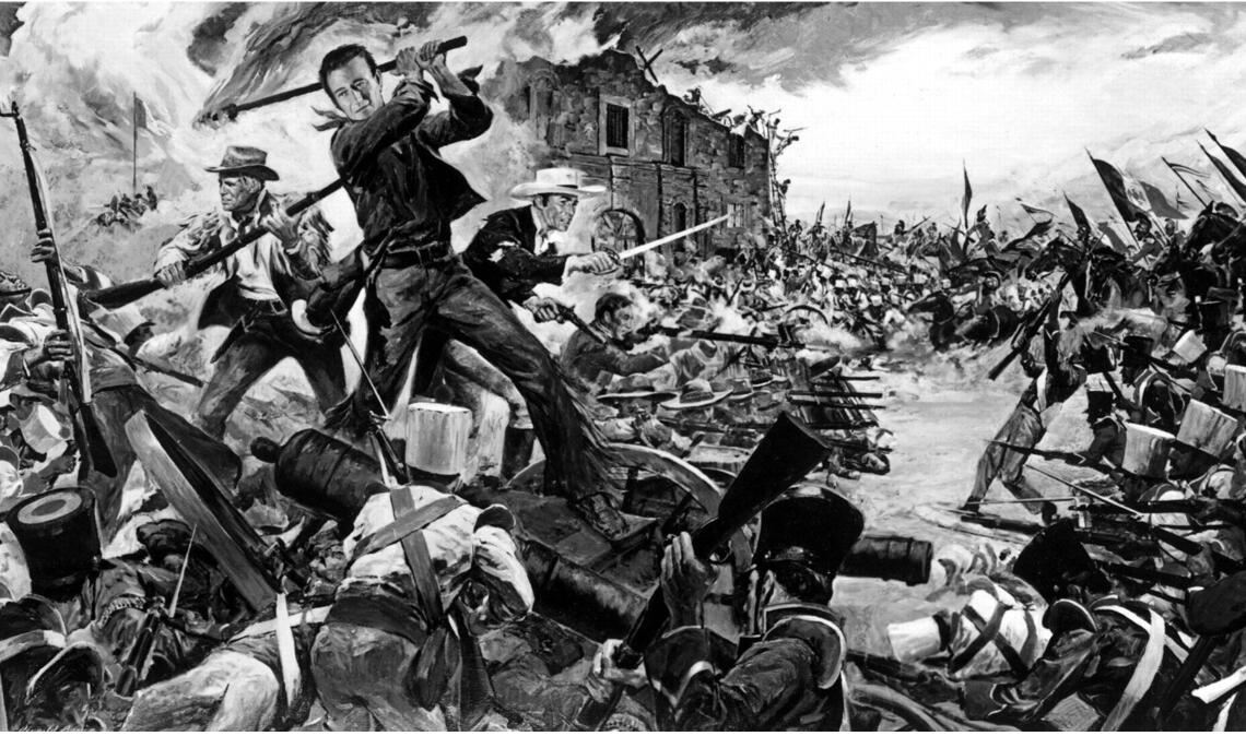 Szene aus dem US-Western „The Alamo“ aus dem Jahr 1960  mit John Wayne, Richard Widmark und Laurence Harvey in den Hauptrollen.