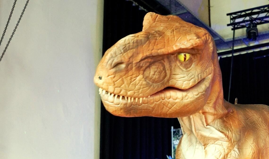 Szene aus der „Unglaublichen Dino-Show“, die in Zaisersweiher zu sehen ist. Foto: privat