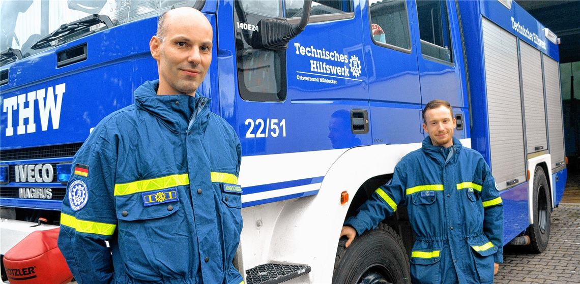 THW-Aktive: der Ortsbeauftragte Tobias Hohenschläger (li.) und der Beauftragte für Öffentlichkeitsarbeit, Fabian Schickle.Fotos: Stahlfeld, privat