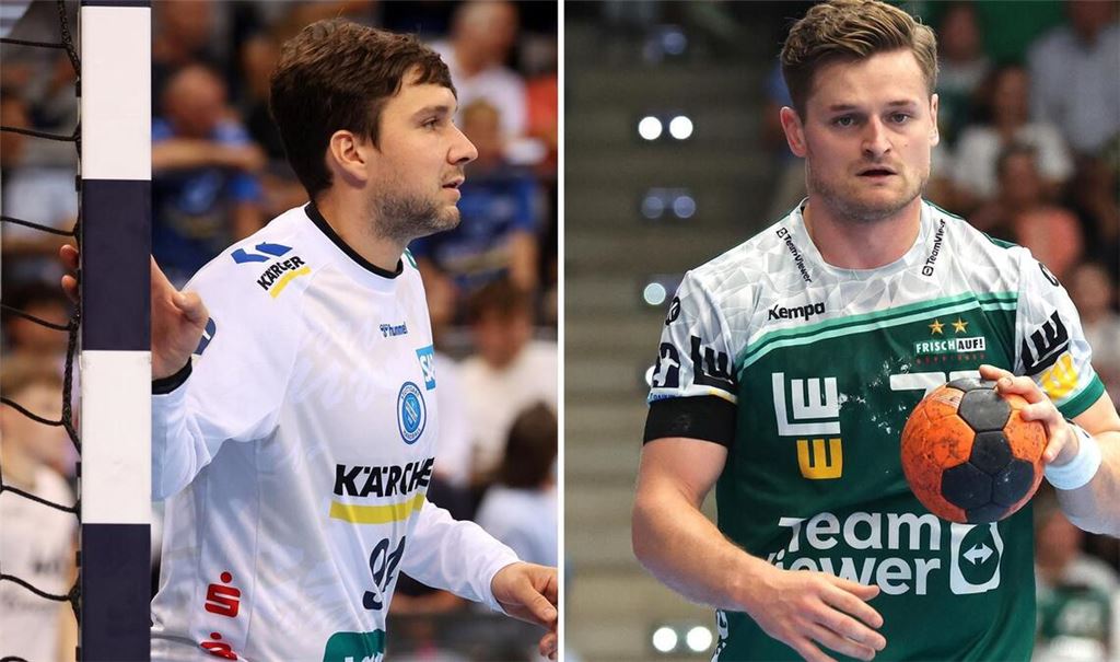 TVB-Torwart Daniel Rebmann (li.), Frisch-Auf-Linkshänder David Schmidt.